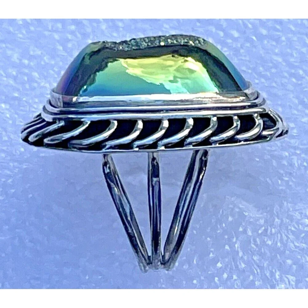 Gem Essence Peacock PJC Drusy Quartz Ring Sterling Silver Braiding  Size 6